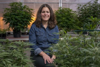Associate Professor Jessica Lubell with hemp plants at the Floriculture Greenhouse.